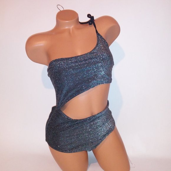 Victoria Secret‎ PINK Swim One Piece Medium Black Silver Cutout Sparkle Glittery - Picture 2 of 11